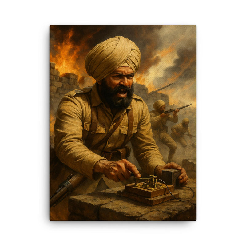 The Battle of Saragarhi last signal sent canvas print on a plain backdrop in size 18