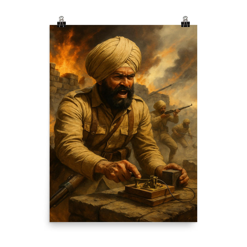 The Battle of Saragarhi last signal sent poster on a plain backdrop in size 8