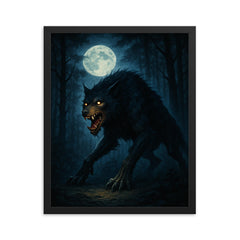 The Beast of Gevaudan in moonlit forest framed print on a plain backdrop in size 16"x20".