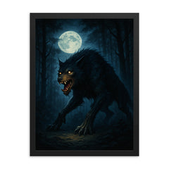 The Beast of Gevaudan in moonlit forest framed print on a plain backdrop in size 18"x24".