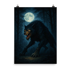 The Beast of Gevaudan in moonlit forest poster on a plain backdrop in size 8"x10".