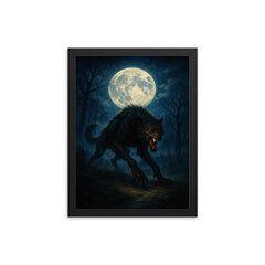 The Beast of Gevaudan moonlit hunt framed print on a plain backdrop in size 12"x16".