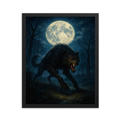 The Beast of Gevaudan moonlit hunt framed print on a plain backdrop in size 16"x20".