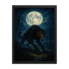 The Beast of Gevaudan moonlit hunt framed print on a plain backdrop in size 18"x24".