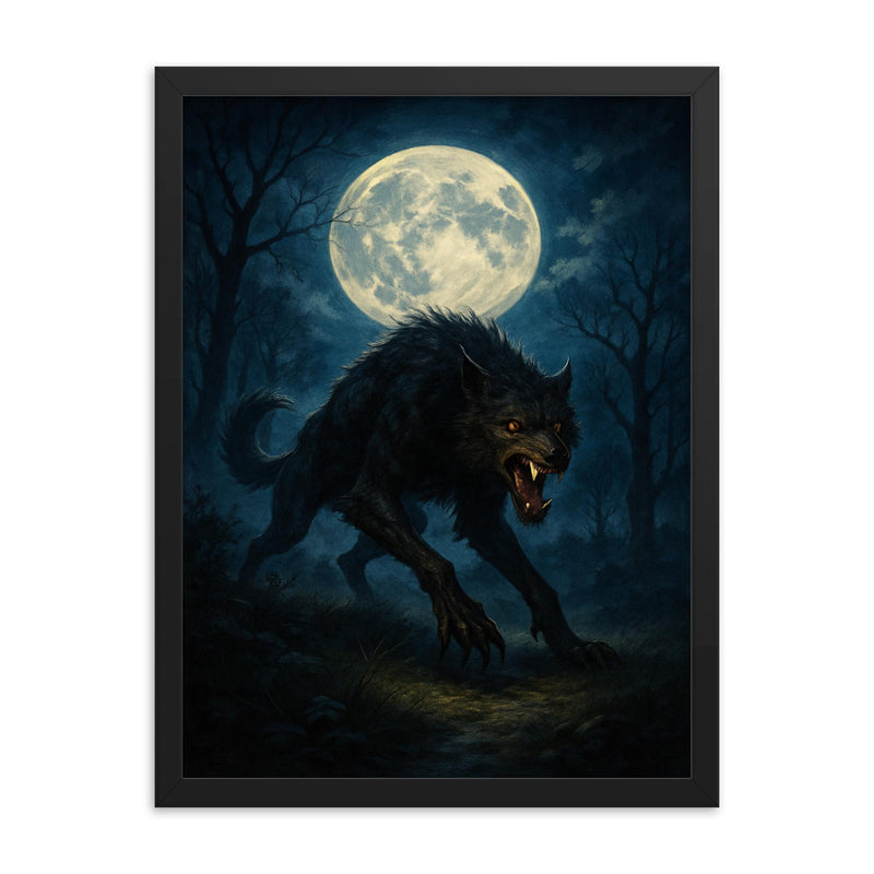 The Beast of Gevaudan moonlit hunt framed print on a plain backdrop in size 18