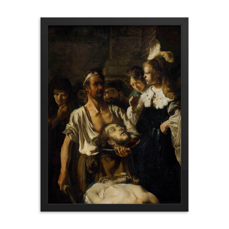 The Beheading of John the Baptist by Carel Fabritius framed print on a plain backdrop in size 18