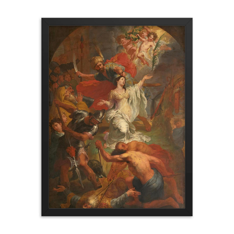 The Beheading of St Dymphna by Godfried Maes framed print on a plain backdrop in size 18