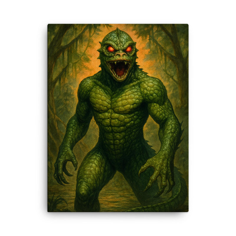 The Bishopville Lizard Man canvas print on a plain backdrop in size 18