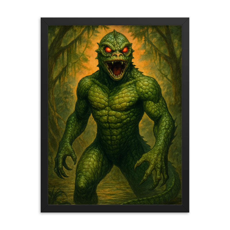 The Bishopville Lizard Man framed print on a plain backdrop in size 18