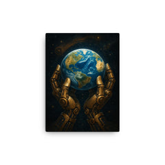 The Blue Marble held by mechanical celestial hands canvas print on a plain backdrop in size 12"x16".