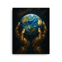The Blue Marble held by mechanical celestial hands canvas print on a plain backdrop in size 16"x20".
