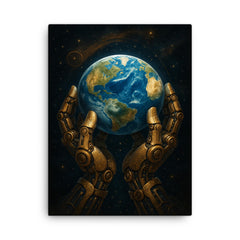 The Blue Marble held by mechanical celestial hands canvas print on a plain backdrop in size 18"x24".
