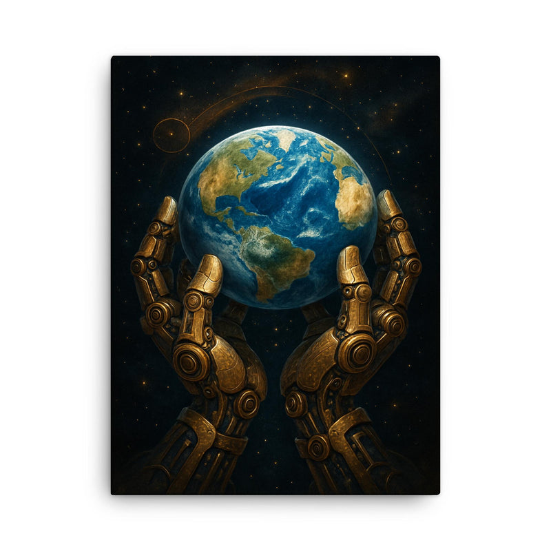 The Blue Marble held by mechanical celestial hands canvas print on a plain backdrop in size 18