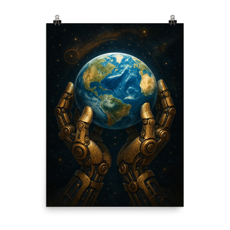The Blue Marble held by mechanical celestial hands poster on a plain backdrop in size 8