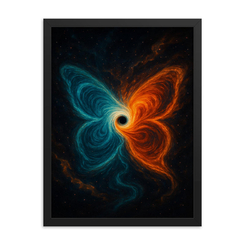 The butterfly effect hurricane from phase space framed print on a plain backdrop in size 18