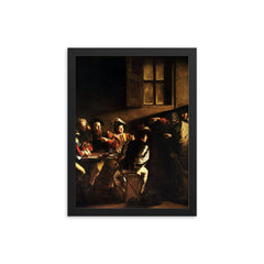 The Calling of Saint Matthew by Caravaggio, 1600 framed print on a plain backdrop in size 12"x16".