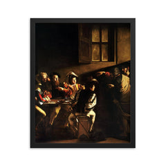 The Calling of Saint Matthew by Caravaggio, 1600 framed print on a plain backdrop in size 16"x20".