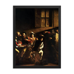 The Calling of Saint Matthew by Caravaggio, 1600 framed print on a plain backdrop in size 18"x24".