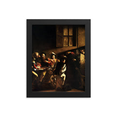 The Calling of Saint Matthew by Caravaggio, 1600 framed print on a plain backdrop in size 8"x10".