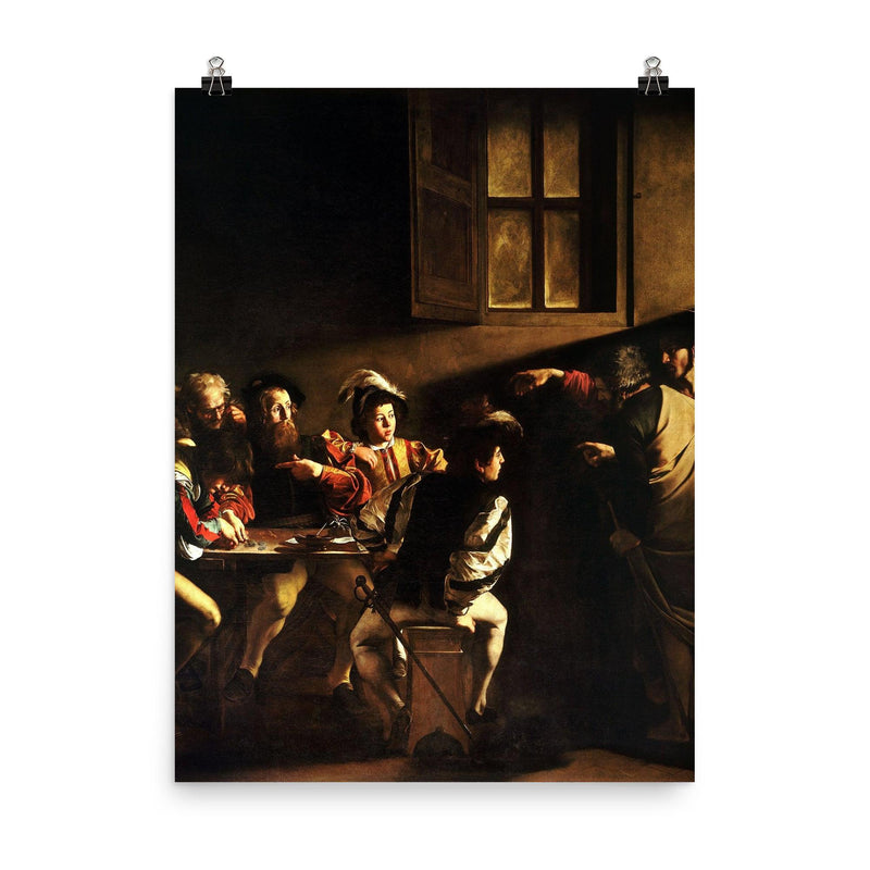 The Calling of Saint Matthew by Caravaggio, 1600 poster on a plain backdrop in size 8
