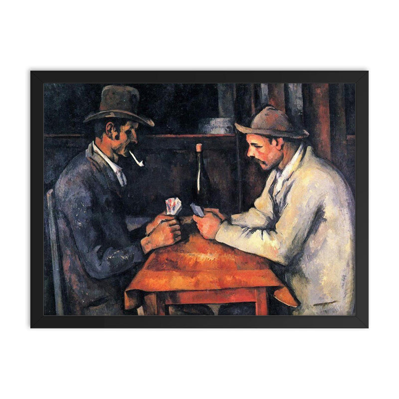 The Card Players by Paul Cezanne framed print on a plain backdrop in size 18