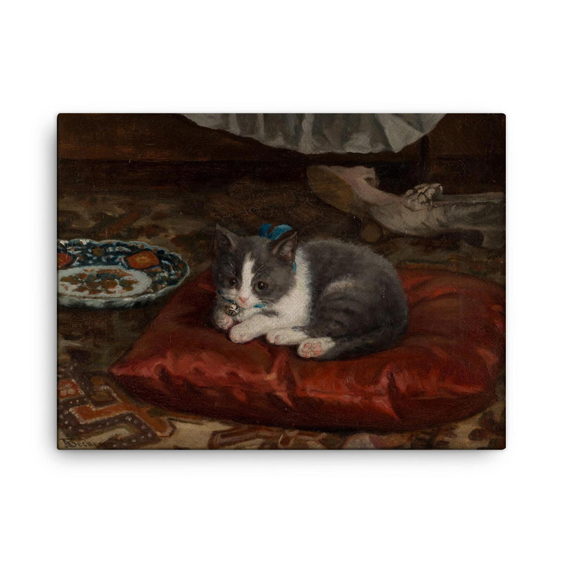 The Cat on the Pillow by Adolf von Becker canvas print on a plain backdrop in size 18
