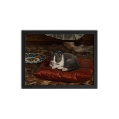 The Cat on the Pillow by Adolf von Becker framed print on a plain backdrop in size 12"x16".
