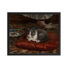 The Cat on the Pillow by Adolf von Becker framed print on a plain backdrop in size 16"x20".