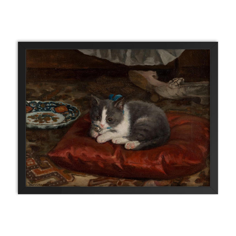 The Cat on the Pillow by Adolf von Becker framed print on a plain backdrop in size 18