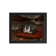 The Cat on the Pillow by Adolf von Becker framed print on a plain backdrop in size 8"x10".