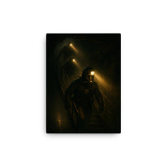 The Chernobyl divers descending with headlamps canvas print on a plain backdrop in size 12"x16".