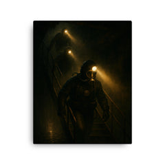 The Chernobyl divers descending with headlamps canvas print on a plain backdrop in size 16"x20".