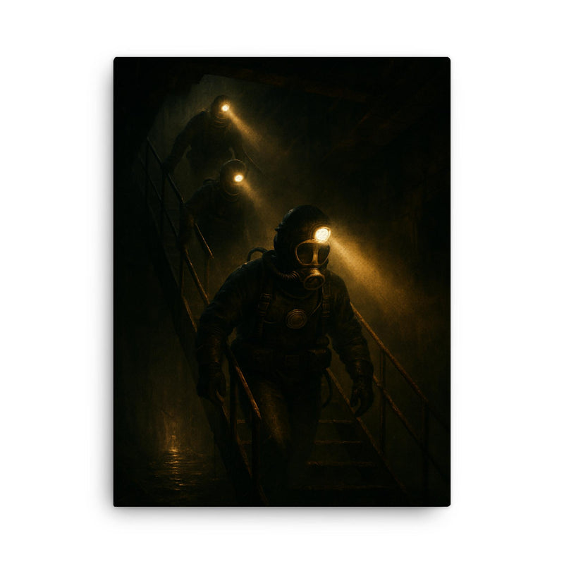 The Chernobyl divers descending with headlamps canvas print on a plain backdrop in size 18