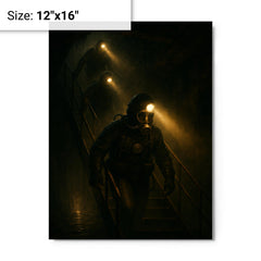 The Chernobyl divers descending with headlamps metal print on a plain backdrop in size 12"x16".