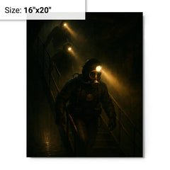 The Chernobyl divers descending with headlamps metal print on a plain backdrop in size 16"x20".