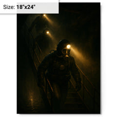The Chernobyl divers descending with headlamps metal print on a plain backdrop in size 18"x24".