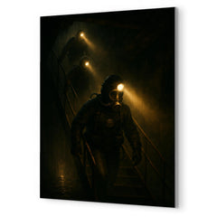 The Chernobyl divers descending with headlamps metal print mockup