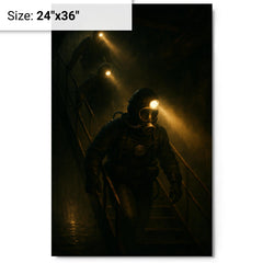 The Chernobyl divers descending with headlamps metal print on a plain backdrop in size 24"x36".