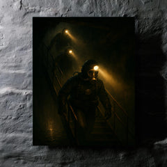 The Chernobyl divers descending with headlamps metal print mockup