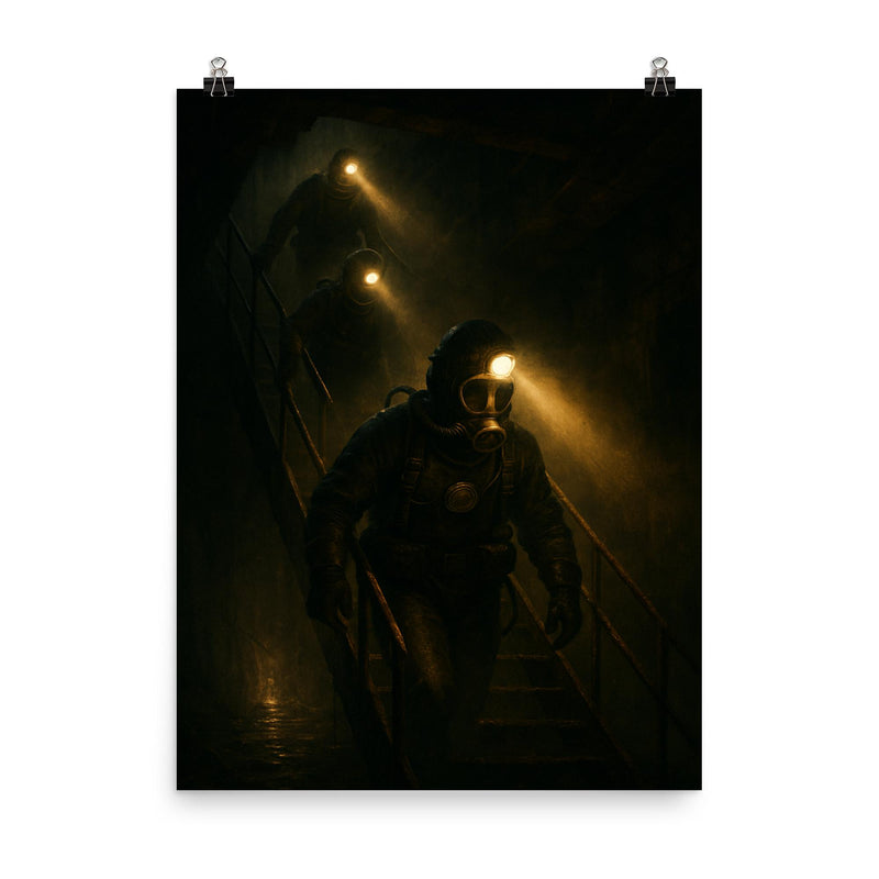 The Chernobyl divers descending with headlamps poster on a plain backdrop in size 8