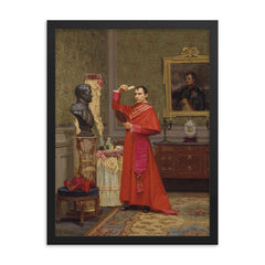 The Comparison by Jehan Georges Vibert framed print on a plain backdrop in size 18"x24".