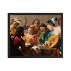 The Concert by Gerrit van Honthorst, 1623 framed print on a plain backdrop in size 16"x20".