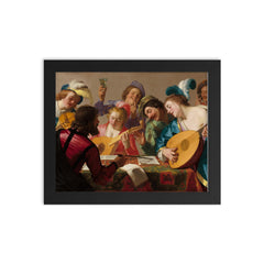 The Concert by Gerrit van Honthorst, 1623 framed print on a plain backdrop in size 8"x10".
