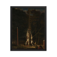 The Corpses of the De Witt Brothers by Jan de Baen, 1675 framed print on a plain backdrop in size 16"x20".