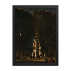 The Corpses of the De Witt Brothers by Jan de Baen, 1675 framed print on a plain backdrop in size 18"x24".