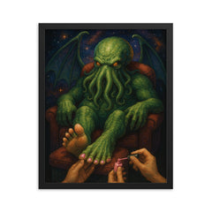 The cosmic entity Cthulhu having a pedicure framed print on a plain backdrop in size 16"x20".
