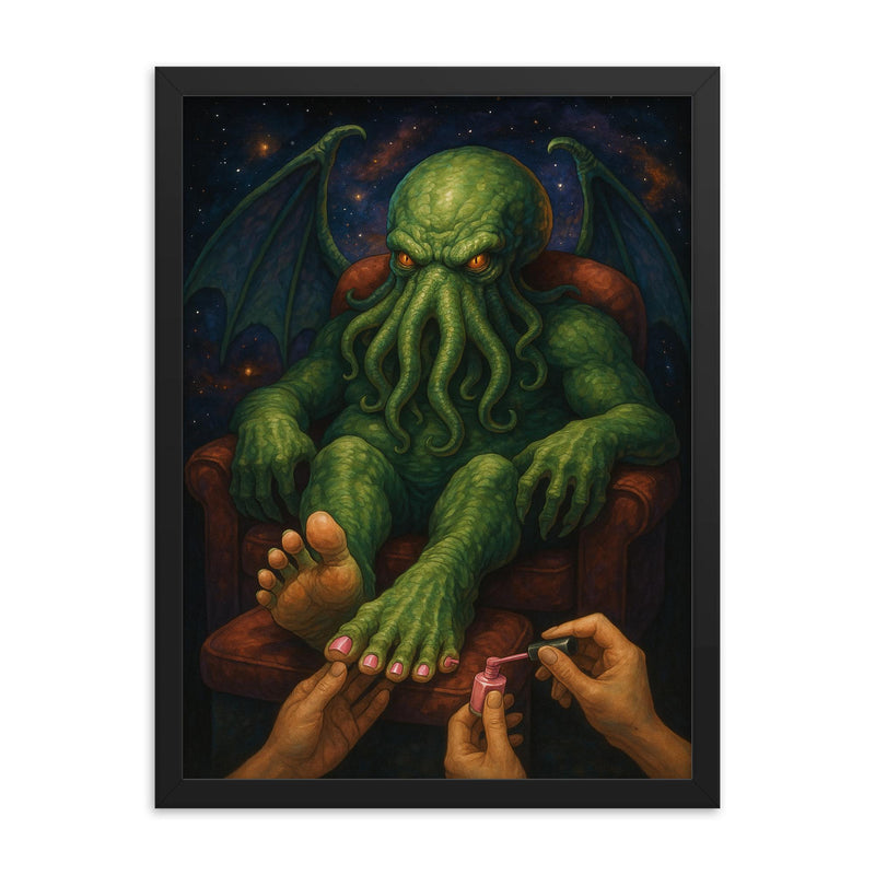 The cosmic entity Cthulhu having a pedicure framed print on a plain backdrop in size 18