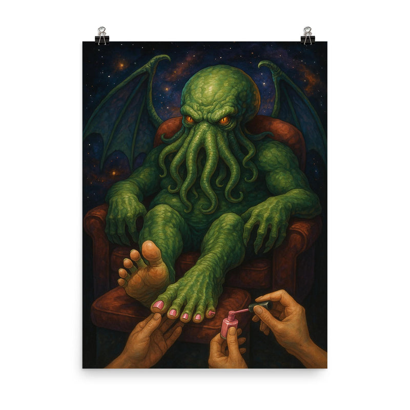 The cosmic entity Cthulhu having a pedicure poster on a plain backdrop in size 8