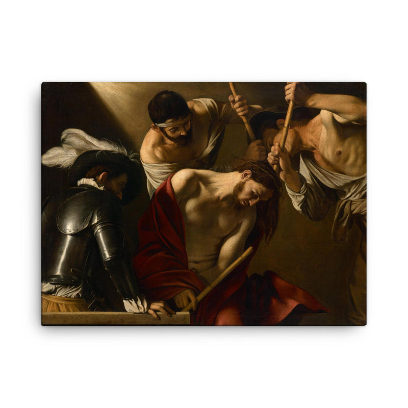 The Crowning with Thorns by Caravaggio canvas print on a plain backdrop in size 18