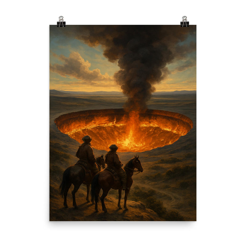 The Darvaza crater seen by nomad horsemen poster on a plain backdrop in size 8